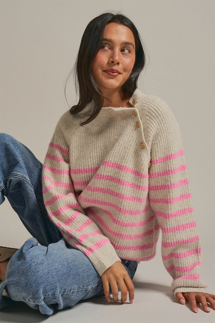 Striped Mock Neck Sweater with Gold Button Shoulder in Pink Beige - Women's Wholesale Sweaters | Trend Notes