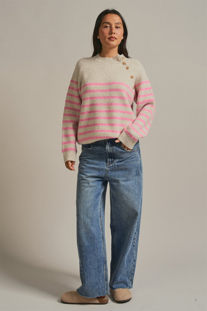 Striped Mock Neck Sweater with Gold Button Shoulder in Pink Beige - Women's Wholesale Sweaters | Trend Notes