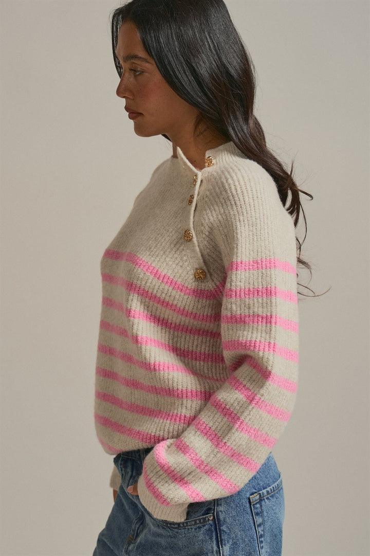 Striped Mock Neck Sweater with Gold Button Shoulder in Pink Beige - Women's Wholesale Sweaters | Trend Notes