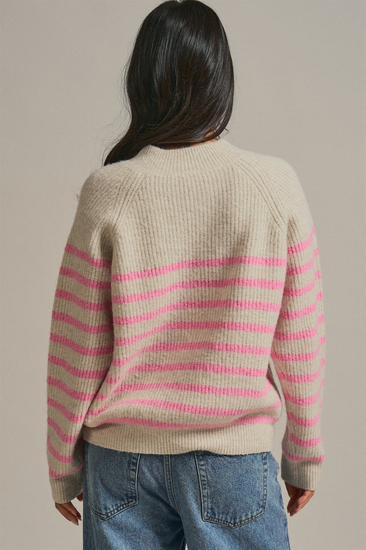 Striped Mock Neck Sweater with Gold Button Shoulder in Pink Beige - Women's Wholesale Sweaters | Trend Notes
