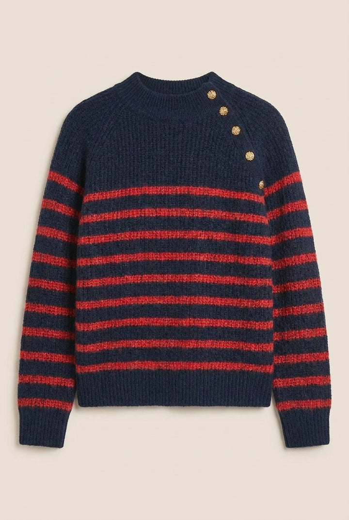 Striped Mock Neck Sweater with Gold Button Shoulder in Red/navy - Women's Wholesale Sweaters | Trend Notes