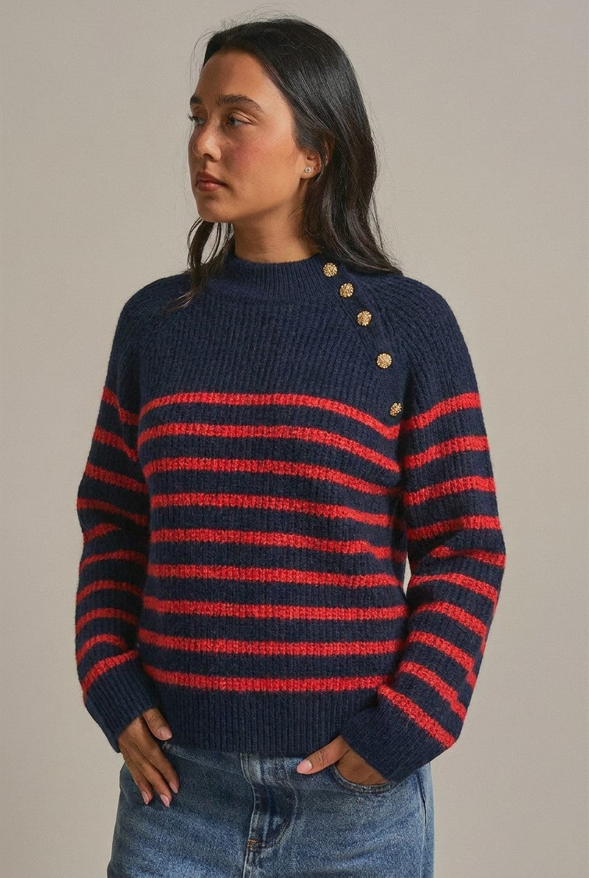 Striped Mock Neck Sweater with Gold Button Shoulder in Red/navy - Women's Wholesale Sweaters | Trend Notes