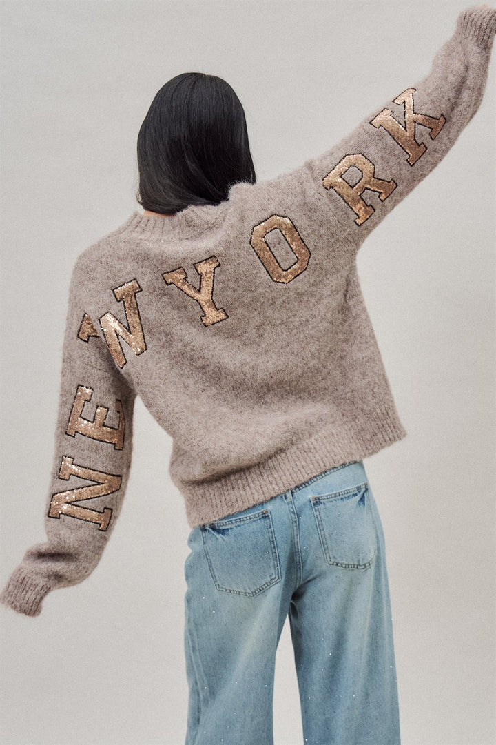 New York Sequin Letter Fuzzy Wool Blend Pullover Sweater in Mocha - Women's Wholesale Sweaters | Trend Notes