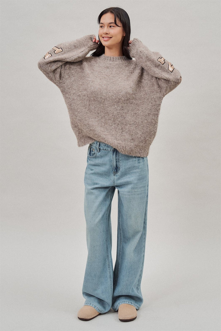 New York Sequin Letter Fuzzy Wool Blend Pullover Sweater in Mocha - Women's Wholesale Sweaters | Trend Notes