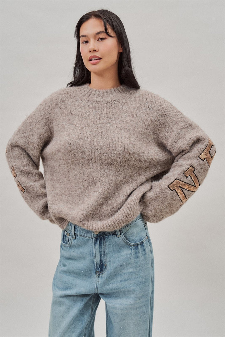 New York Sequin Letter Fuzzy Wool Blend Pullover Sweater in Mocha - Women's Wholesale Sweaters | Trend Notes