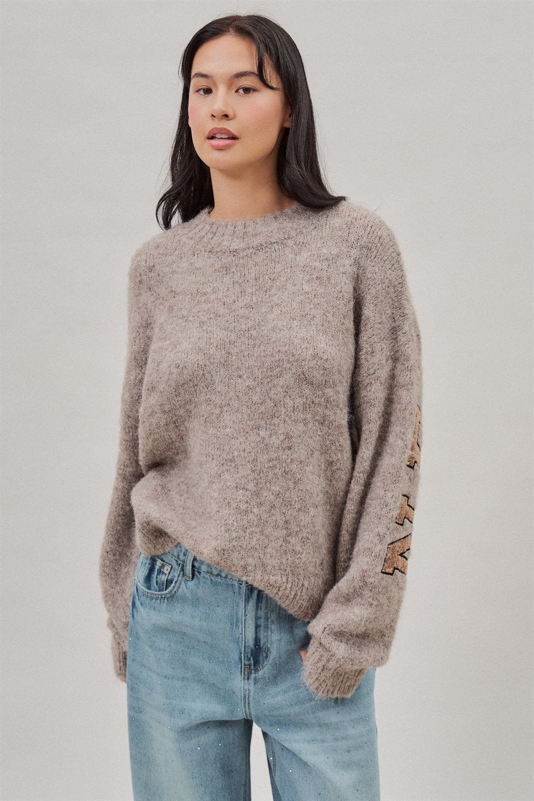 New York Sequin Letter Fuzzy Wool Blend Pullover Sweater in Mocha - Women's Wholesale Sweaters | Trend Notes
