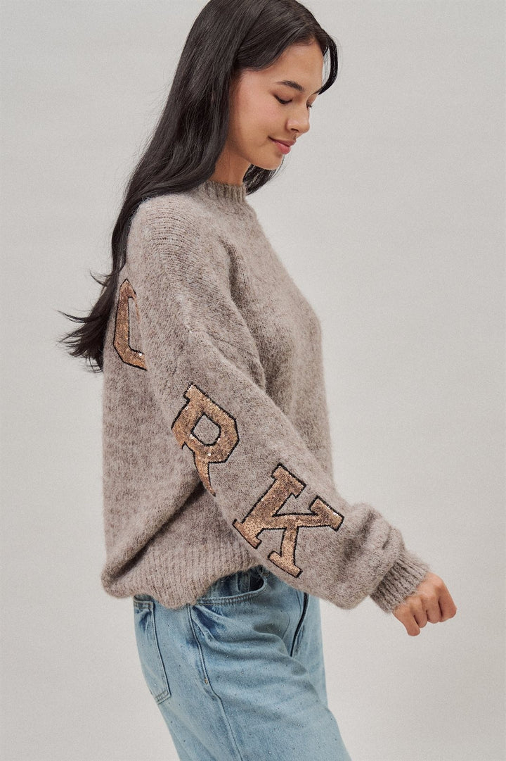 New York Sequin Letter Fuzzy Wool Blend Pullover Sweater in Mocha - Women's Wholesale Sweaters | Trend Notes