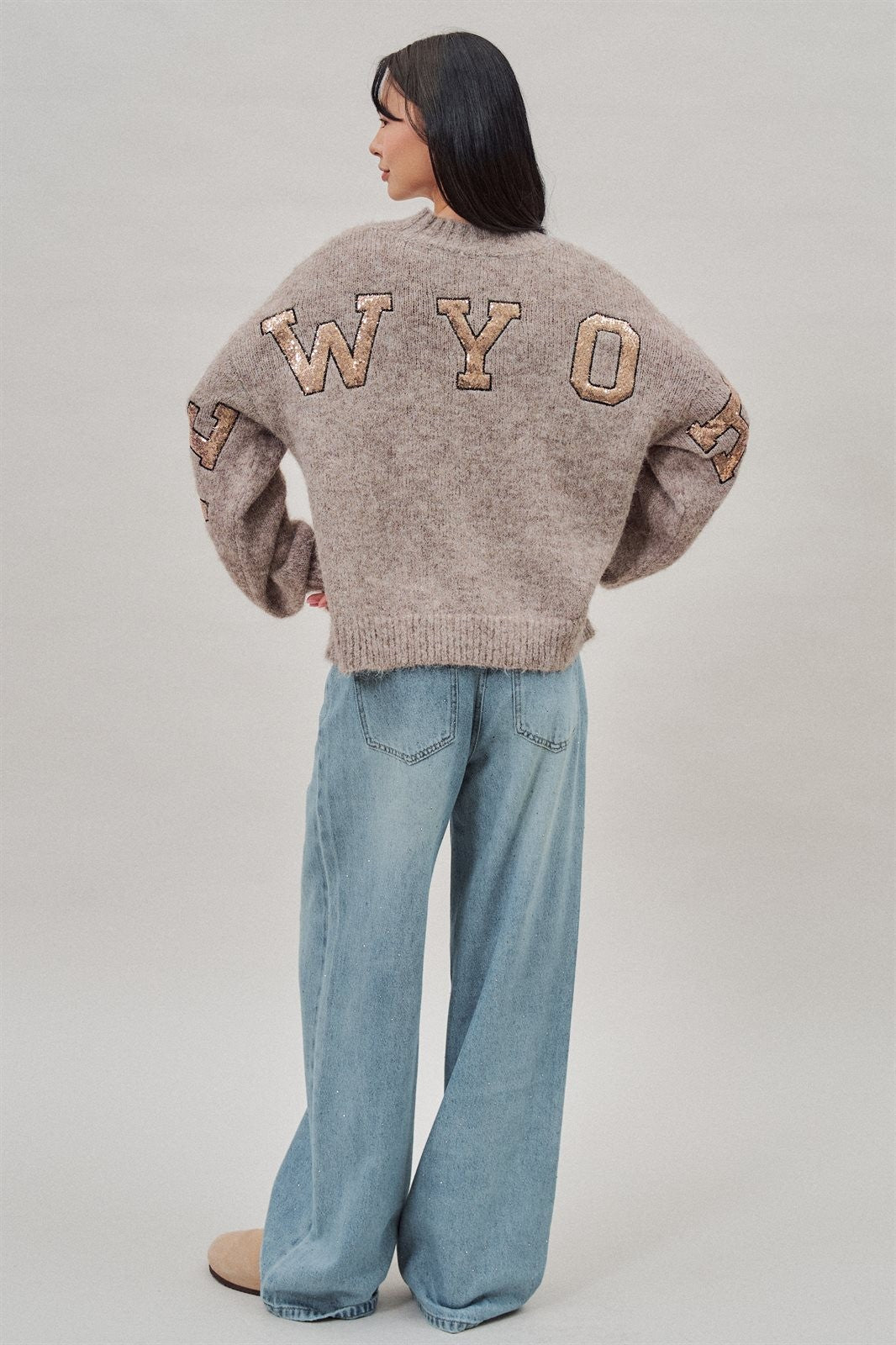 New York Sequin Letter Fuzzy Wool Blend Pullover Sweater in Mocha - Women's Wholesale Sweaters | Trend Notes