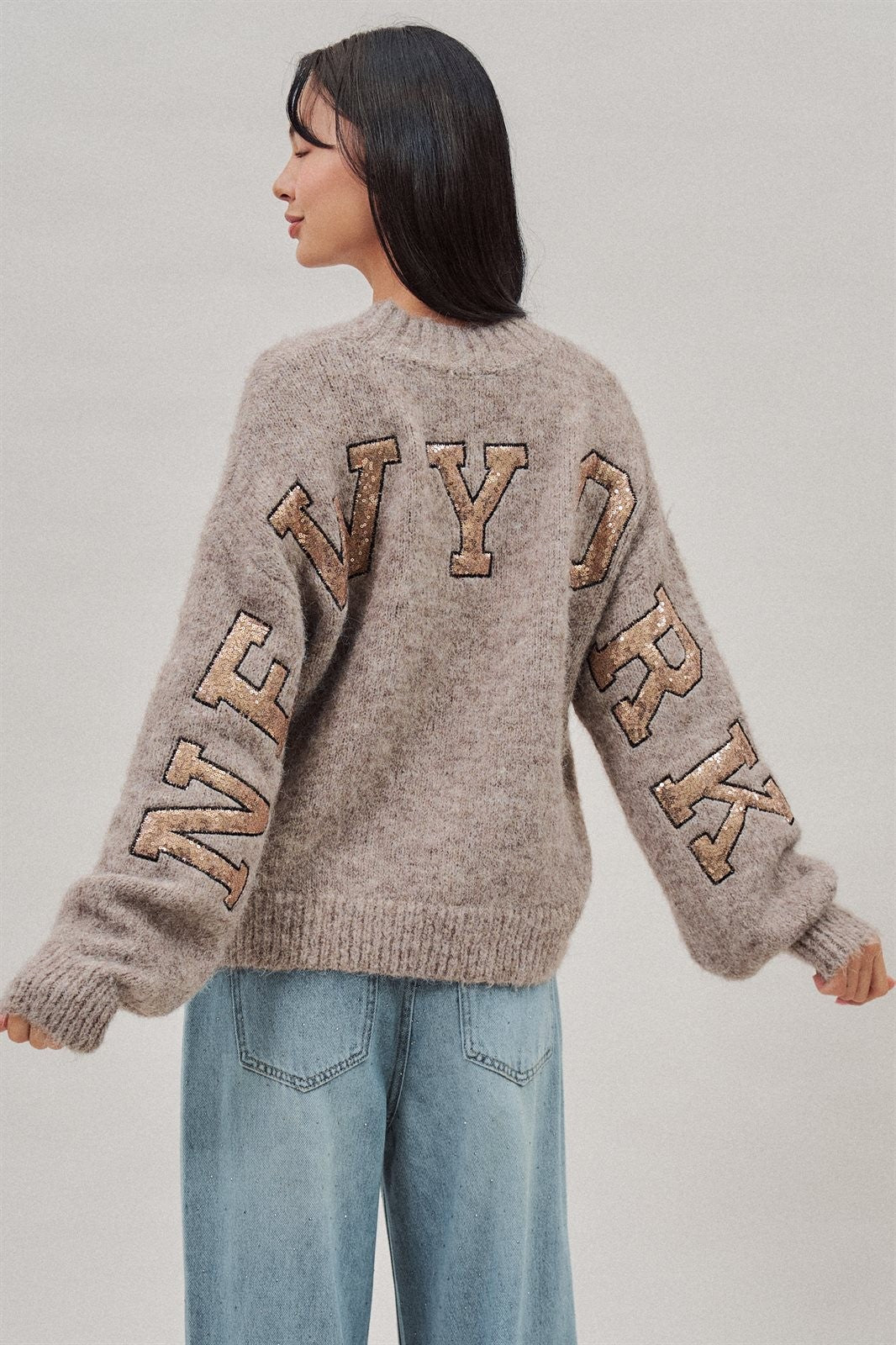 New York Sequin Letter Fuzzy Wool Blend Pullover Sweater in Mocha - Women's Wholesale Sweaters | Trend Notes