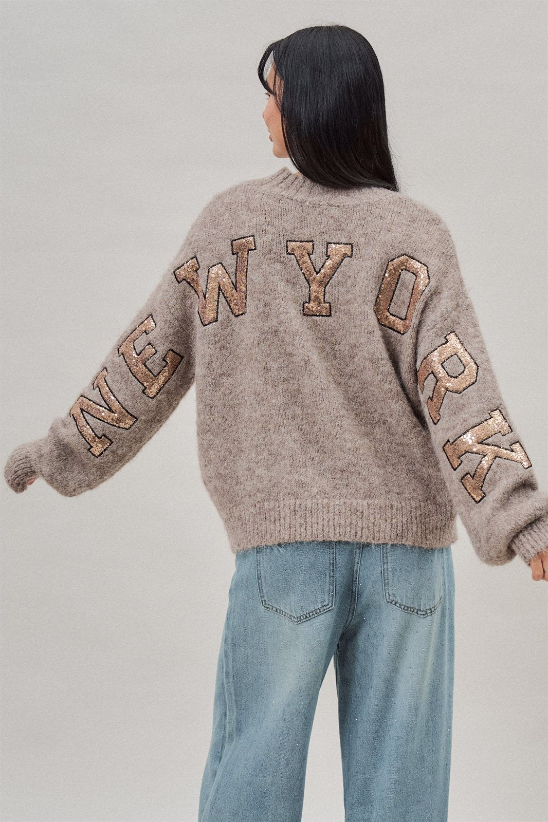 New York Sequin Letter Fuzzy Wool Blend Pullover Sweater in Mocha - Women's Wholesale Sweaters | Trend Notes