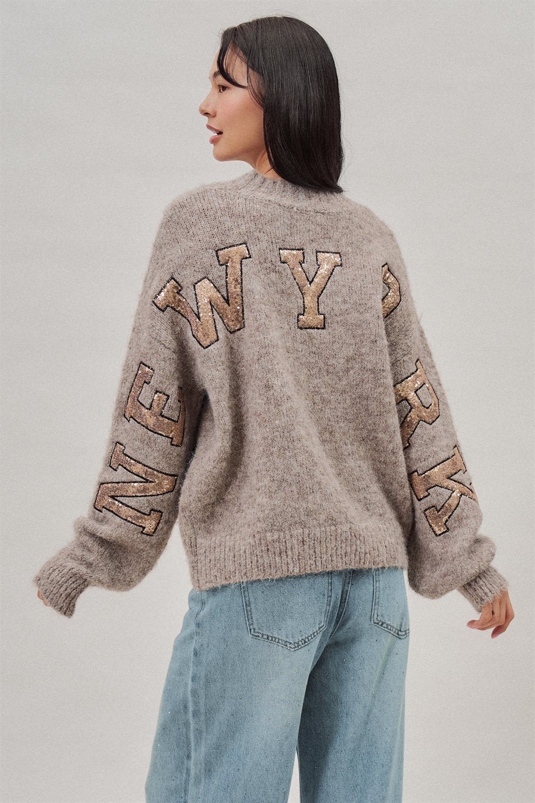 New York Sequin Letter Fuzzy Wool Blend Pullover Sweater in Mocha - Women's Wholesale Sweaters | Trend Notes