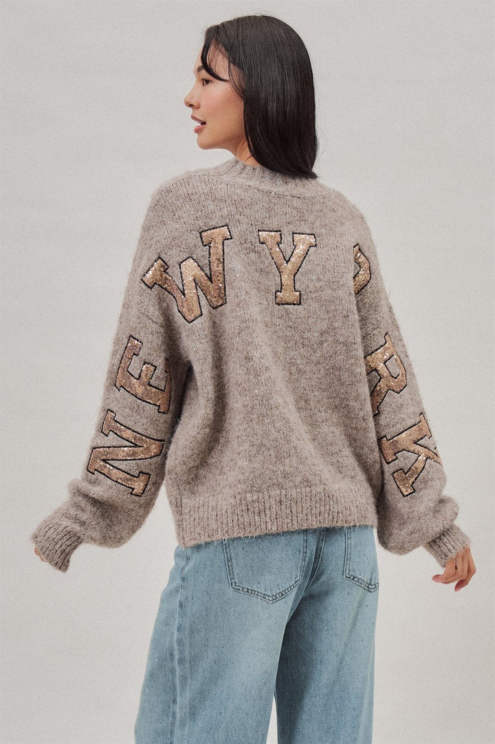New York Sequin Letter Fuzzy Wool Blend Pullover Sweater in Mocha - Women's Wholesale Sweaters | Trend Notes