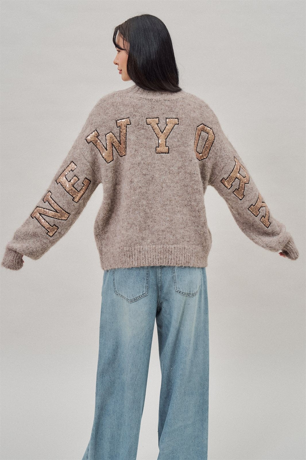 New York Sequin Letter Fuzzy Wool Blend Pullover Sweater in Mocha - Women's Wholesale Sweaters | Trend Notes