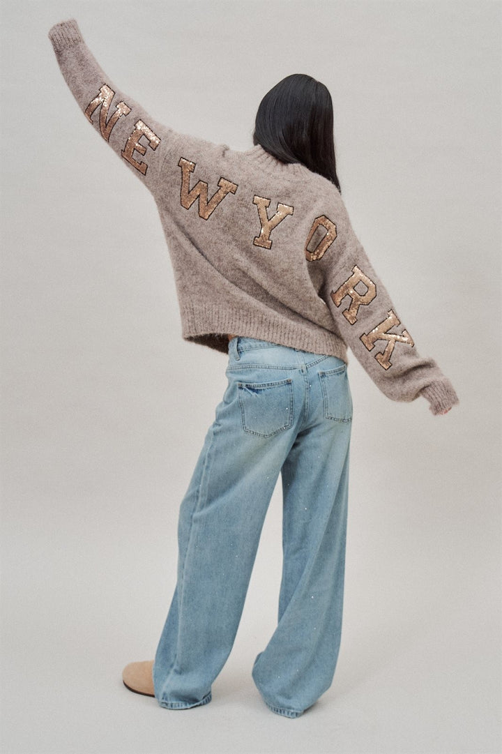 New York Sequin Letter Fuzzy Wool Blend Pullover Sweater in Mocha - Women's Wholesale Sweaters | Trend Notes