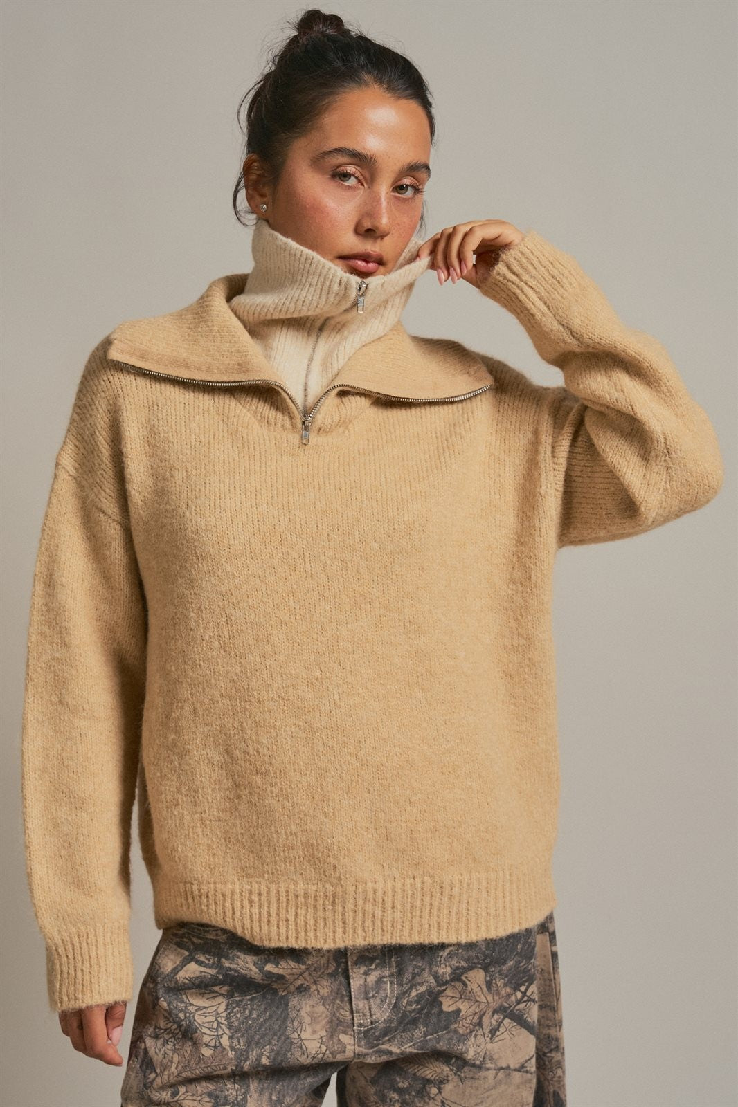 Wool Blend Half Zip Sweater with Double Collar in Camel - Women's Wholesale Sweaters | Trend Notes