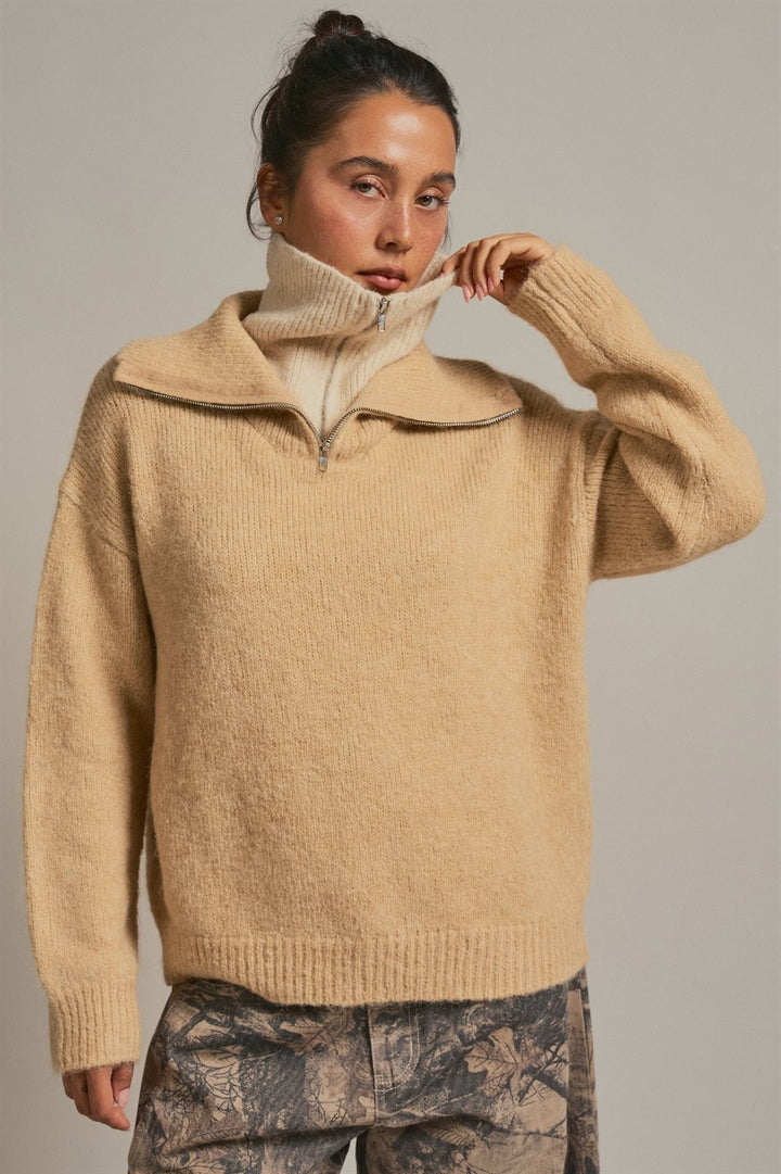 Wool Blend Half Zip Sweater with Double Collar in Camel - Women's Wholesale Sweaters | Trend Notes