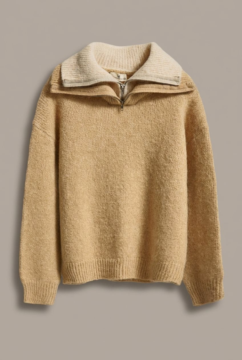 Wool Blend Half Zip Sweater with Double Collar in Camel - Women's Wholesale Sweaters | Trend Notes