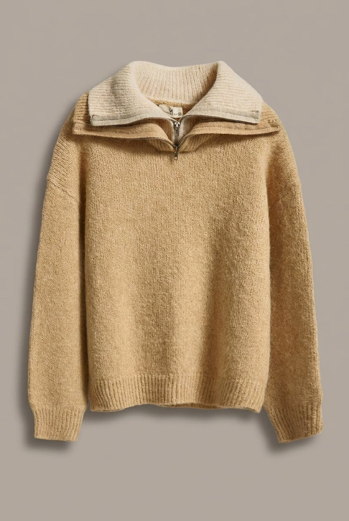 Wool Blend Half Zip Sweater with Double Collar in Camel - Women's Wholesale Sweaters | Trend Notes