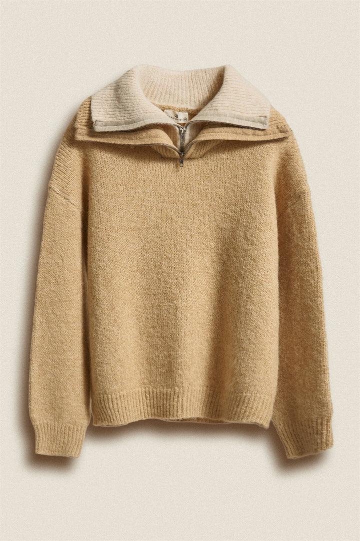 Wool Blend Half Zip Sweater with Double Collar in Camel - Women's Wholesale Sweaters | Trend Notes