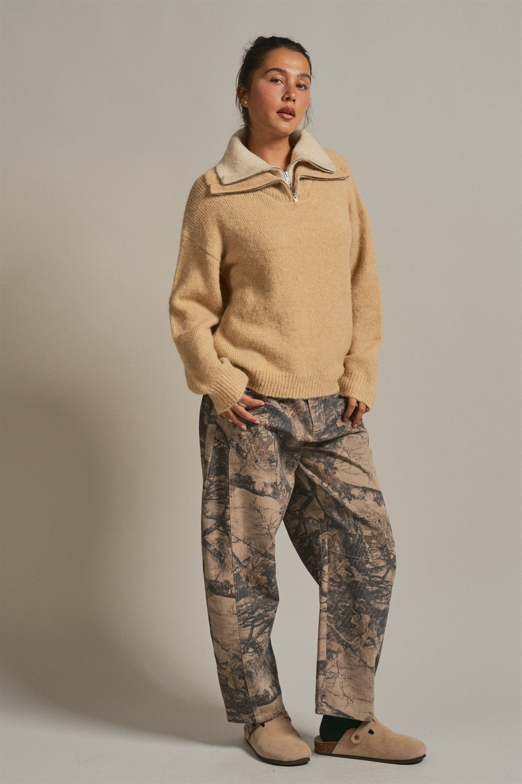 Wool Blend Half Zip Sweater with Double Collar in Camel - Women's Wholesale Sweaters | Trend Notes
