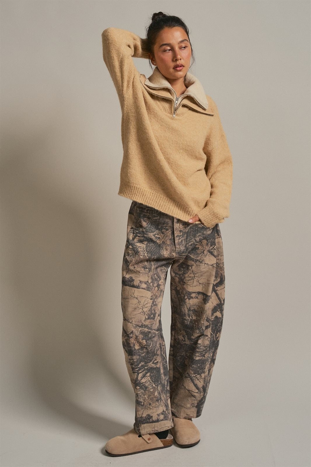 Wool Blend Half Zip Sweater with Double Collar in Camel - Women's Wholesale Sweaters | Trend Notes