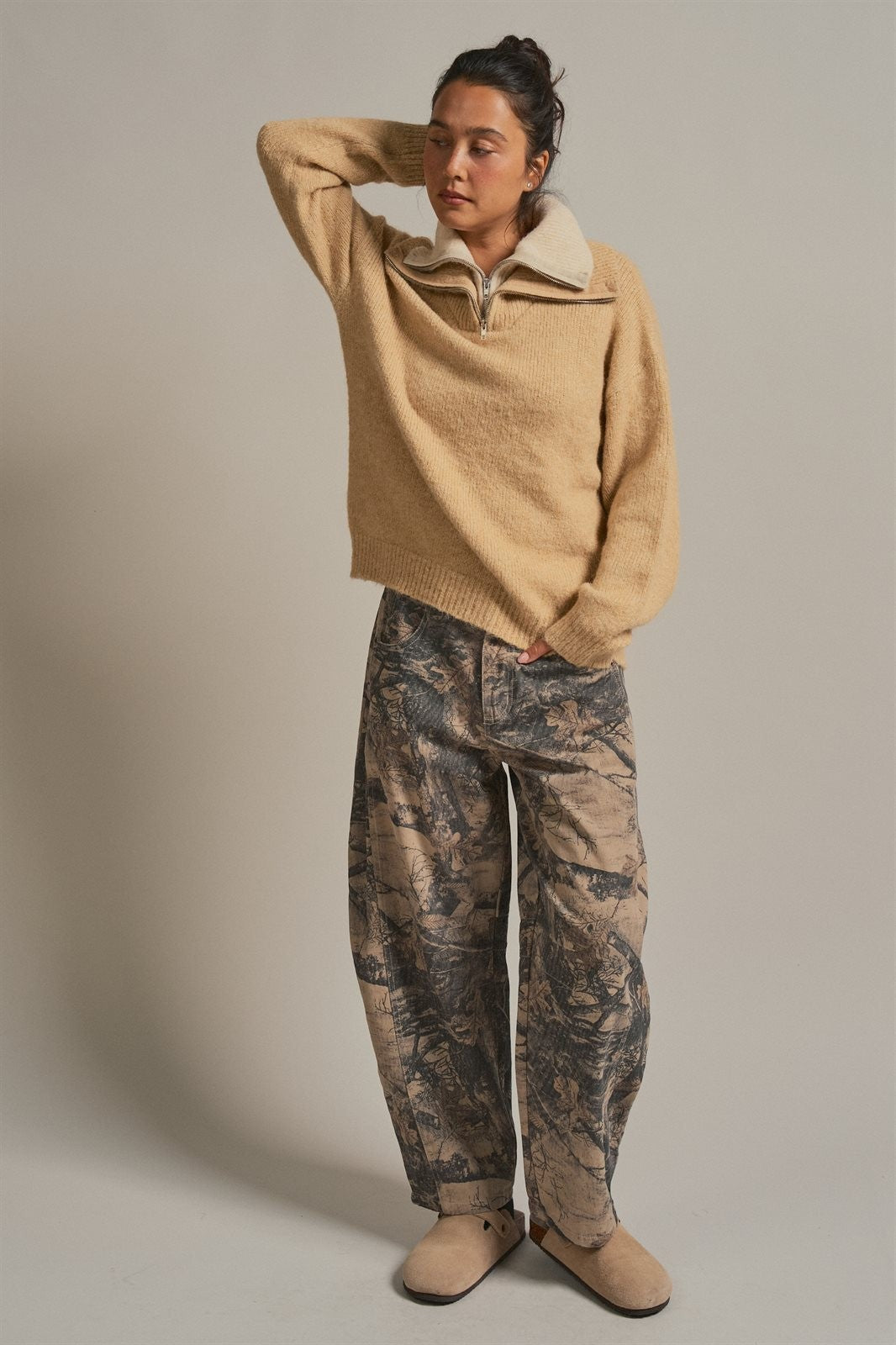 Wool Blend Half Zip Sweater with Double Collar in Camel - Women's Wholesale Sweaters | Trend Notes