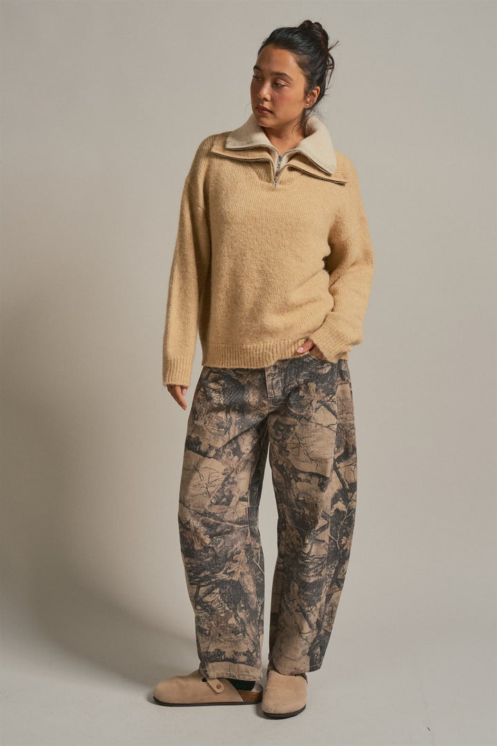 Wool Blend Half Zip Sweater with Double Collar in Camel - Women's Wholesale Sweaters | Trend Notes