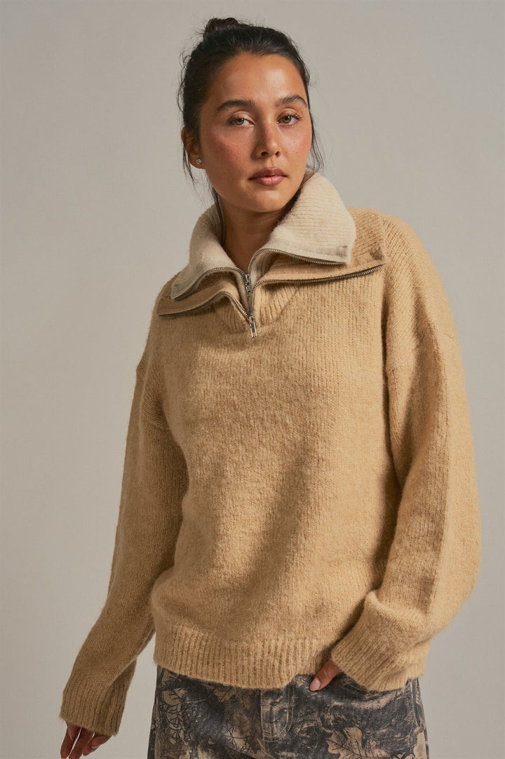 Wool Blend Half Zip Sweater with Double Collar in Camel - Women's Wholesale Sweaters | Trend Notes