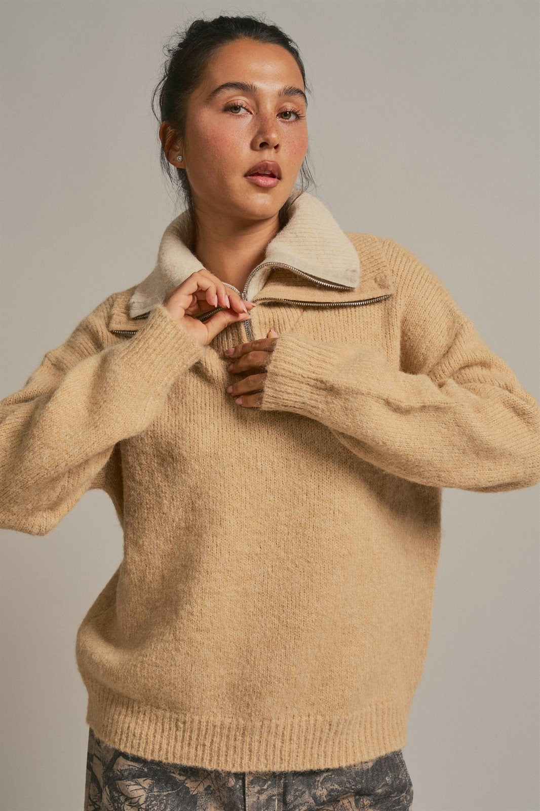 Wool Blend Half Zip Sweater with Double Collar in Camel - Women's Wholesale Sweaters | Trend Notes