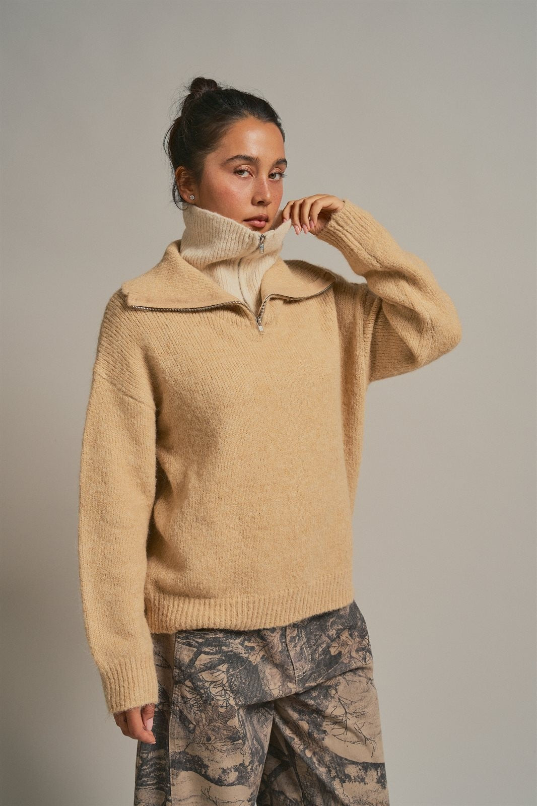 Wool Blend Half Zip Sweater with Double Collar in Camel - Women's Wholesale Sweaters | Trend Notes