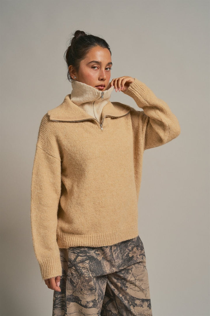Wool Blend Half Zip Sweater with Double Collar in Camel - Women's Wholesale Sweaters | Trend Notes