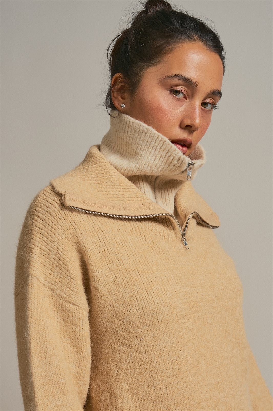 Wool Blend Half Zip Sweater with Double Collar in Camel - Women's Wholesale Sweaters | Trend Notes