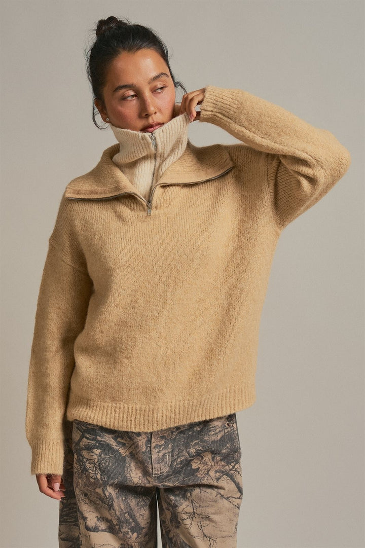 Wool Blend Half Zip Sweater with Double Collar in Camel - Women's Wholesale Sweaters | Trend Notes