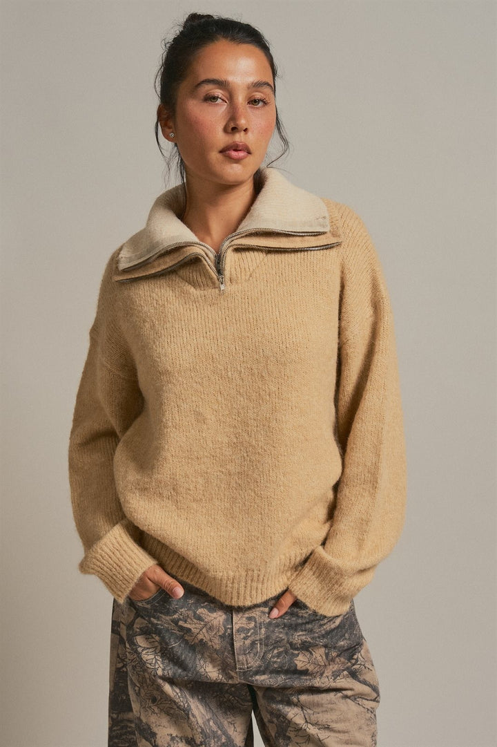 Wool Blend Half Zip Sweater with Double Collar in Camel - Women's Wholesale Sweaters | Trend Notes