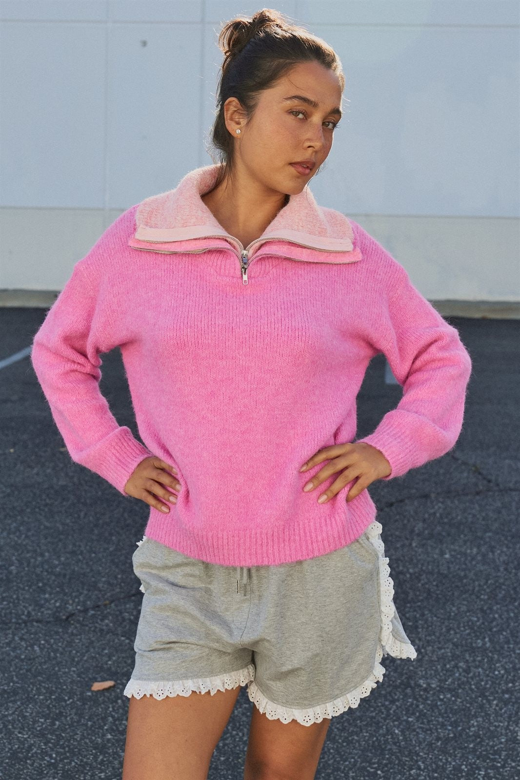 Wool Blend Half Zip Sweater with Double Collar in Pink - Women's Wholesale Sweaters | Trend Notes