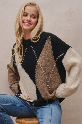 Oversized Argyle Colorblock Crewneck Sweater in Taupe/black - Women's Wholesale Sweaters | Trend Notes