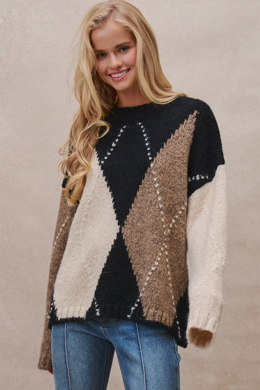 Oversized Argyle Colorblock Crewneck Sweater in Taupe/black - Women's Wholesale Sweaters | Trend Notes