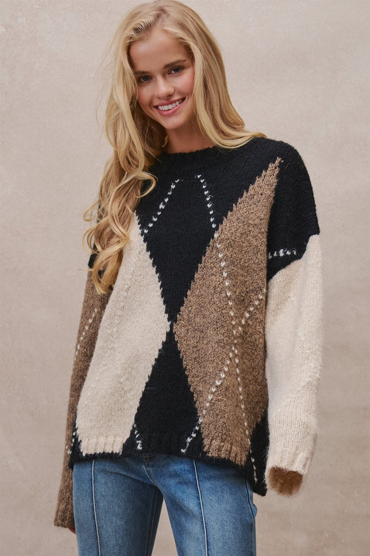 Oversized Argyle Colorblock Crewneck Sweater in Taupe/black - Women's Wholesale Sweaters | Trend Notes