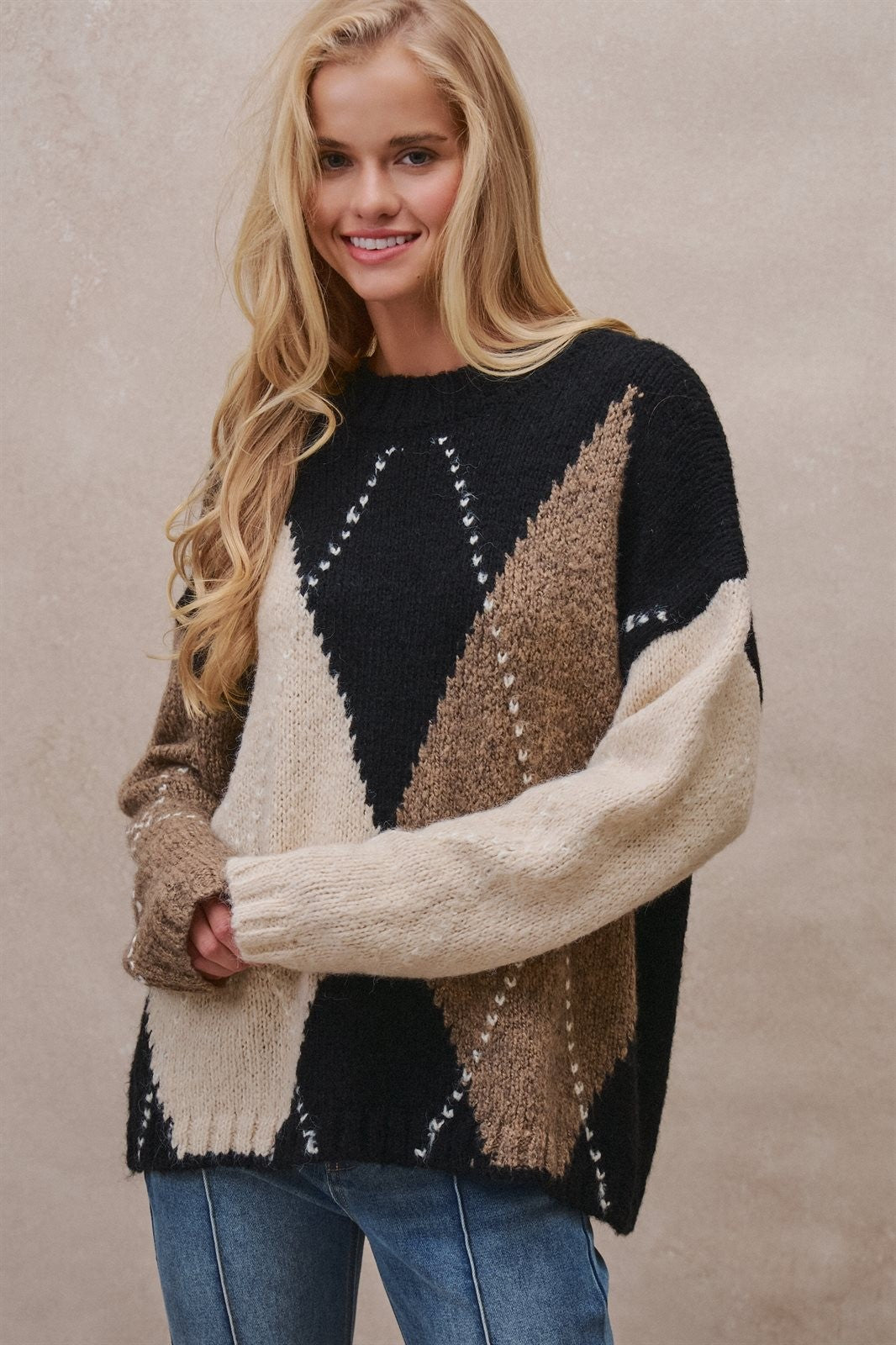Oversized Argyle Colorblock Crewneck Sweater in Taupe/black - Women's Wholesale Sweaters | Trend Notes