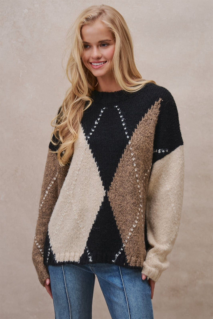 Oversized Argyle Colorblock Crewneck Sweater in Taupe/black - Women's Wholesale Sweaters | Trend Notes