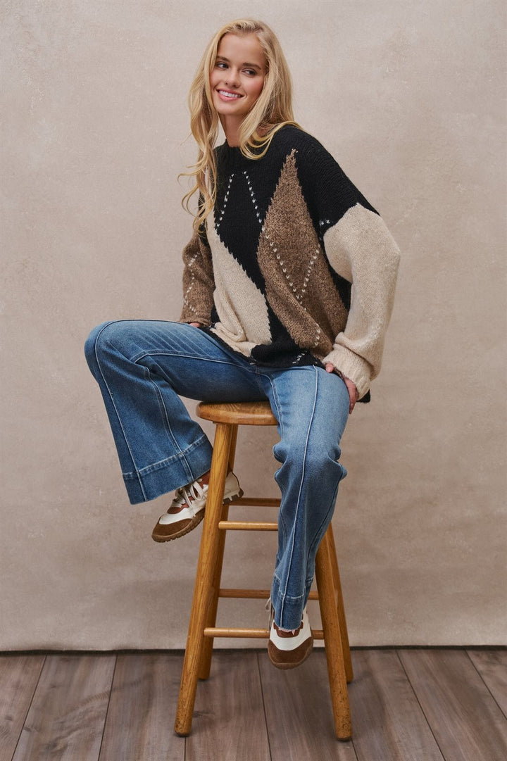 Oversized Argyle Colorblock Crewneck Sweater in Taupe/black - Women's Wholesale Sweaters | Trend Notes