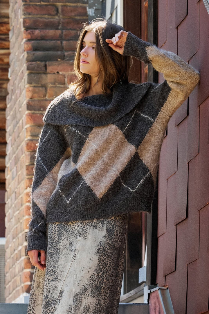 Argyle Knit Convertible Cowl Neck Sweater in Brown - Women's Wholesale Sweaters | Trend Notes