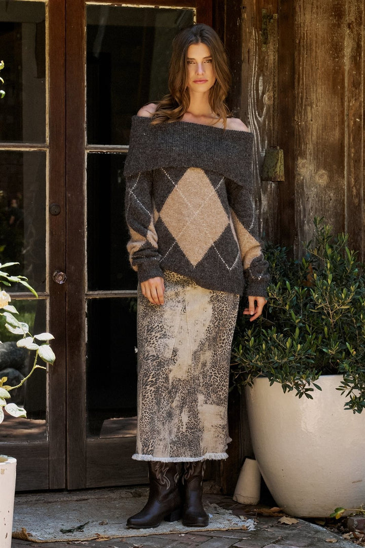 Argyle Knit Convertible Cowl Neck Sweater in Brown - Women's Wholesale Sweaters | Trend Notes