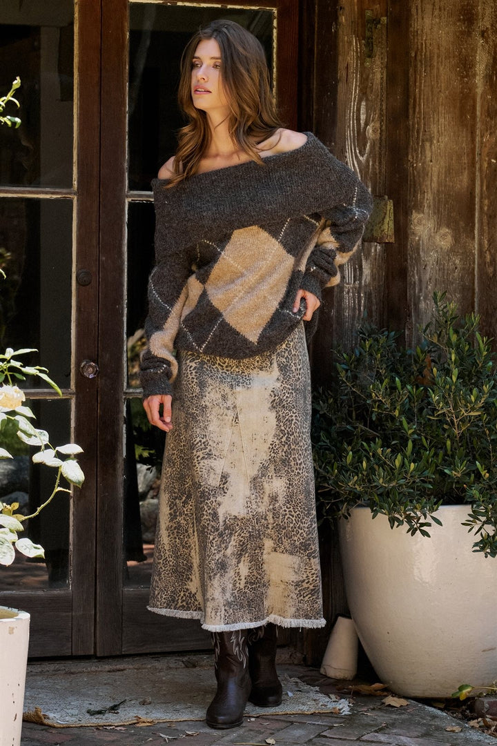 Argyle Knit Convertible Cowl Neck Sweater in Brown - Women's Wholesale Sweaters | Trend Notes