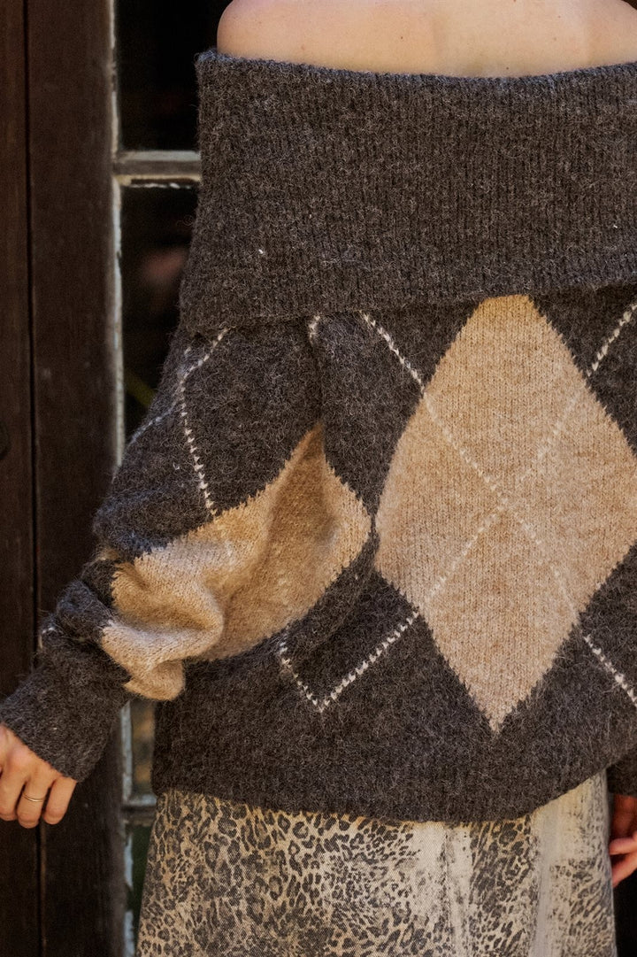 Argyle Knit Convertible Cowl Neck Sweater in Brown - Women's Wholesale Sweaters | Trend Notes