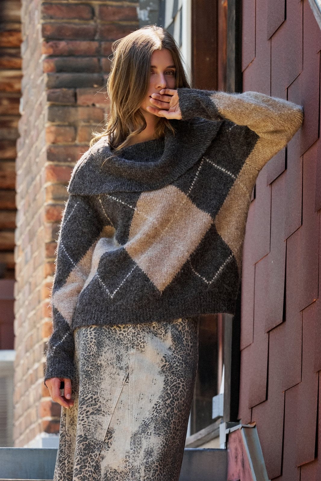 Argyle Knit Convertible Cowl Neck Sweater in Brown - Women's Wholesale Sweaters | Trend Notes