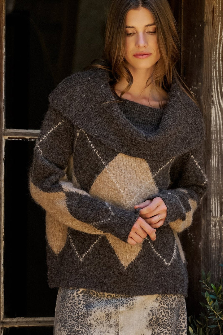 Argyle Knit Convertible Cowl Neck Sweater in Brown - Women's Wholesale Sweaters | Trend Notes