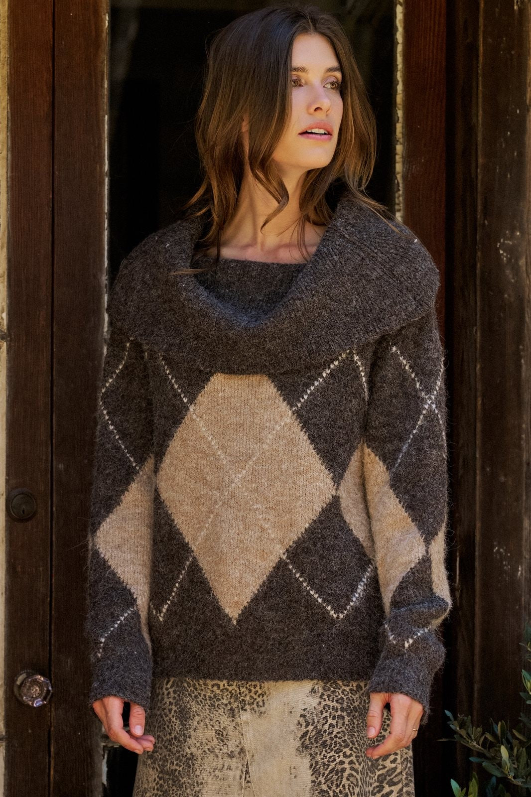 Argyle Knit Convertible Cowl Neck Sweater in Brown - Women's Wholesale Sweaters | Trend Notes