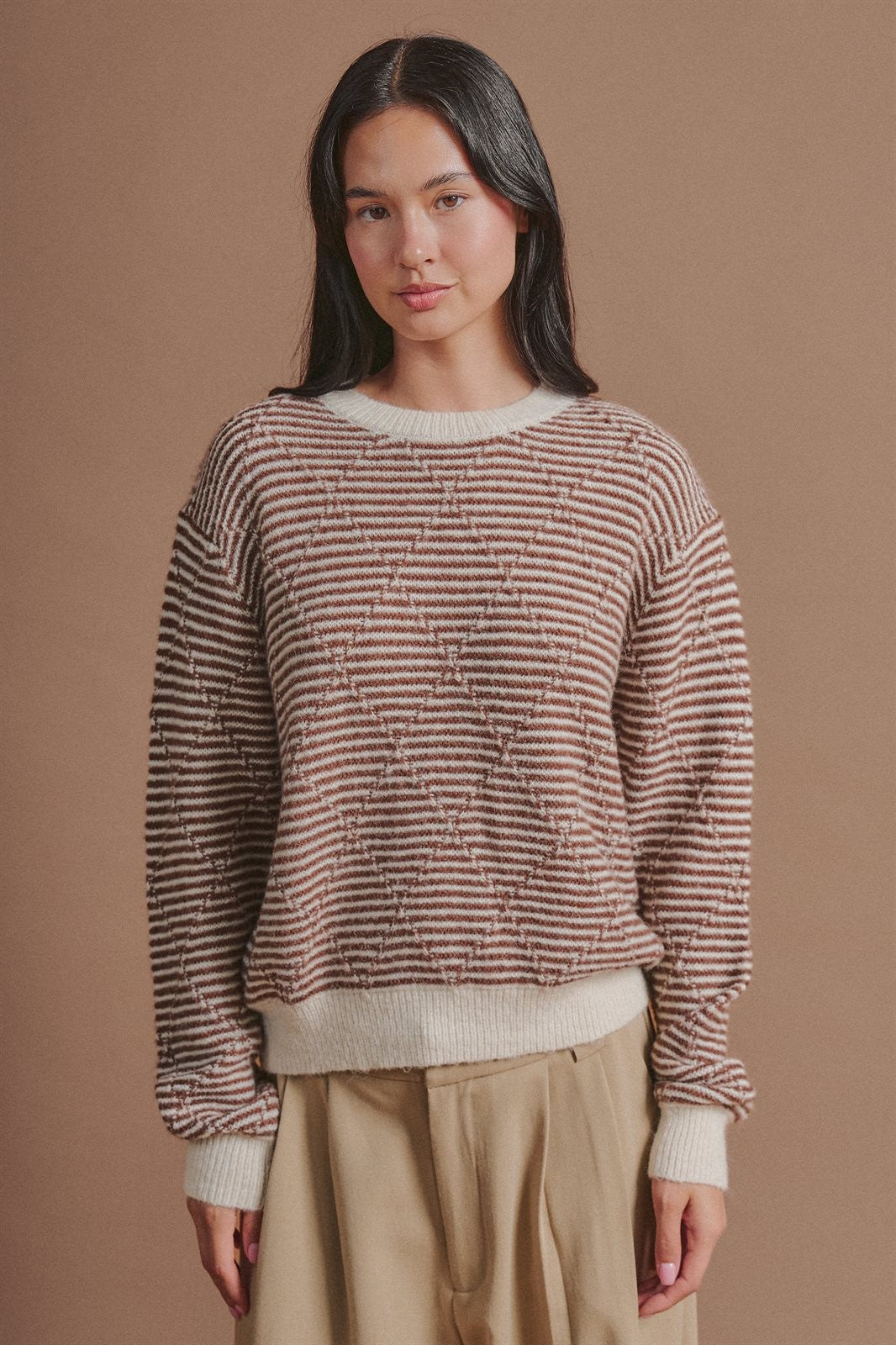 Diamond Textured Stripe Knit Sweater in Brown - Women's Wholesale Sweaters | Trend Notes