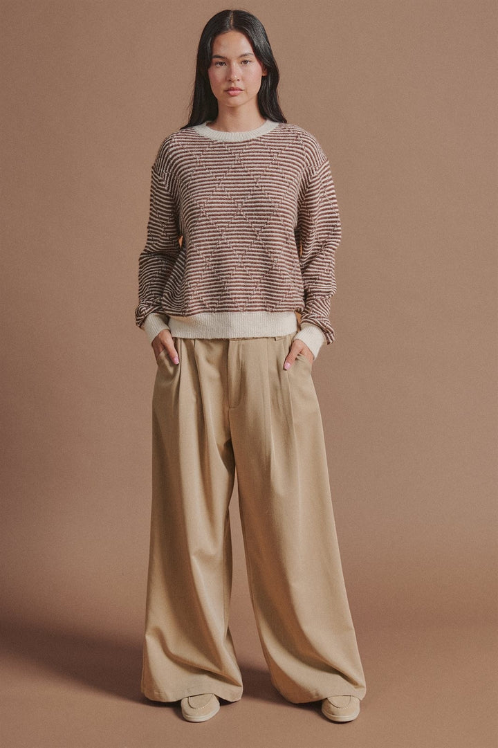 Diamond Textured Stripe Knit Sweater in Brown - Women's Wholesale Sweaters | Trend Notes
